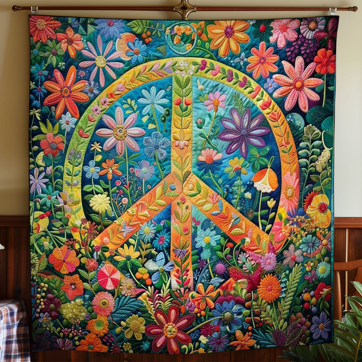 Peace Symbol And Floral WO2108034CL Quilt