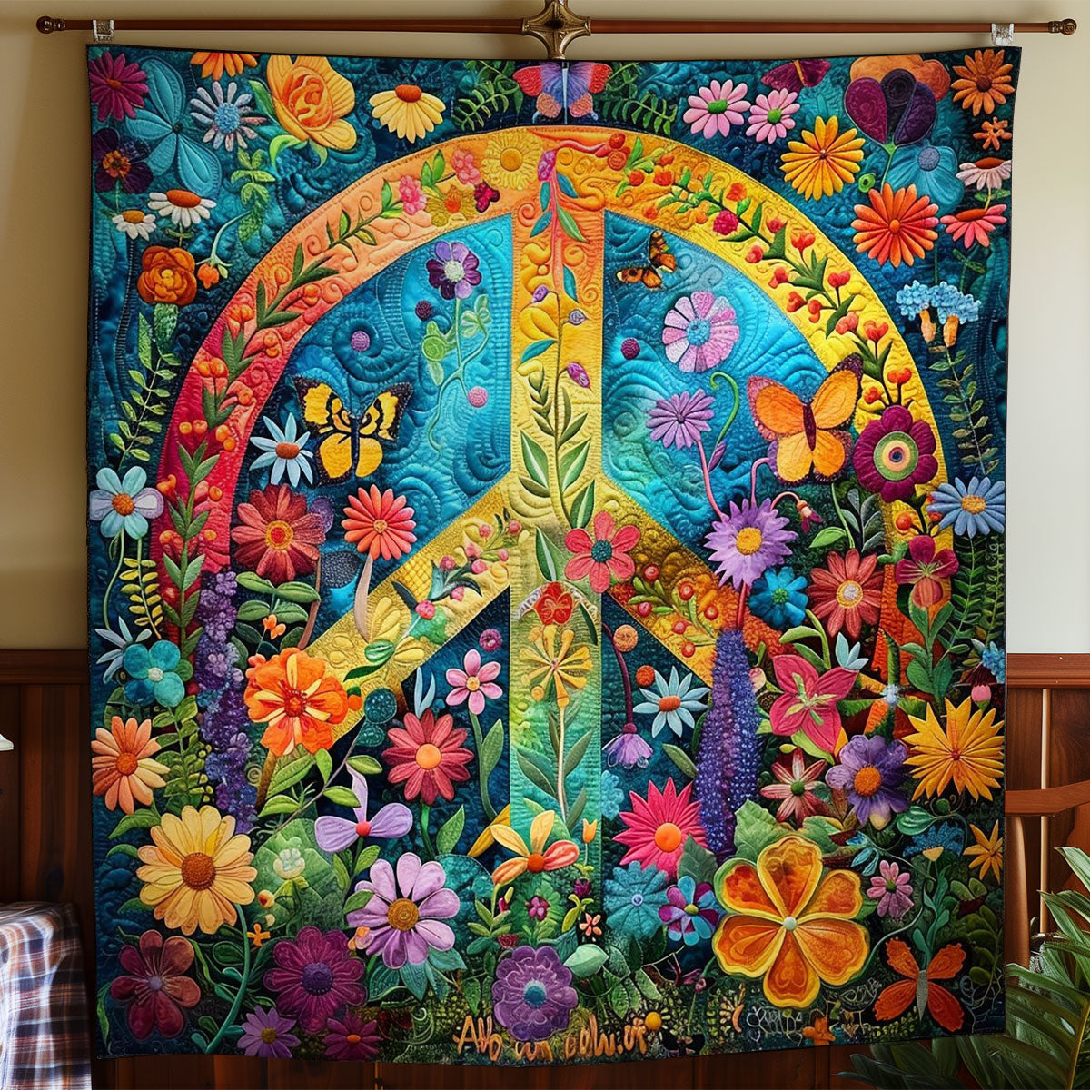 Peace Symbol And Florals WO2108033CL Quilt