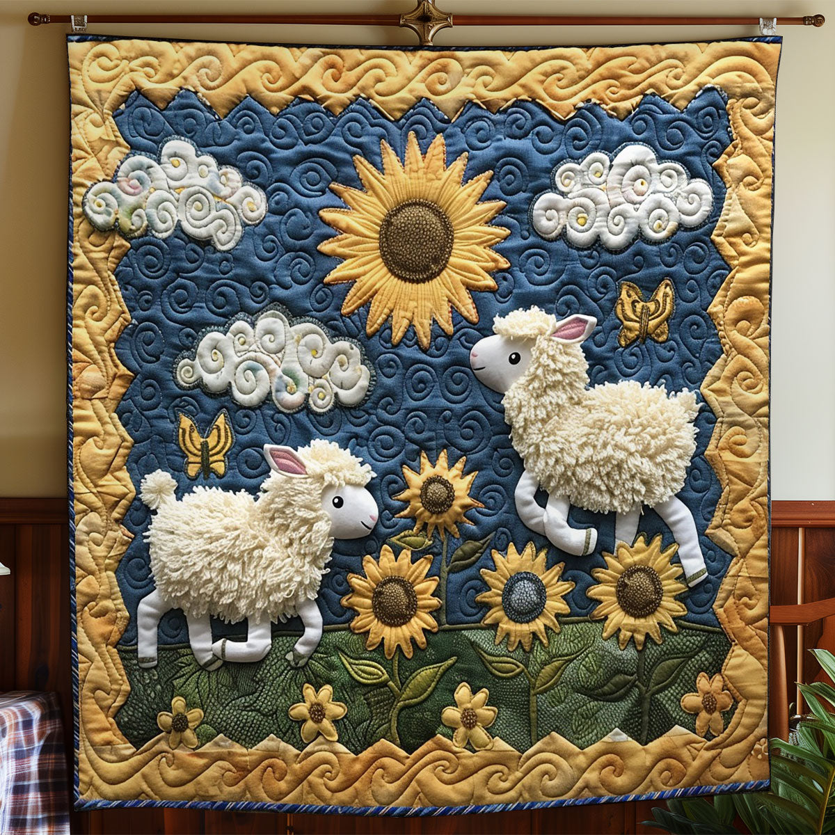 Sheeps Running Field Sunflowers WO2208020CL Quilt