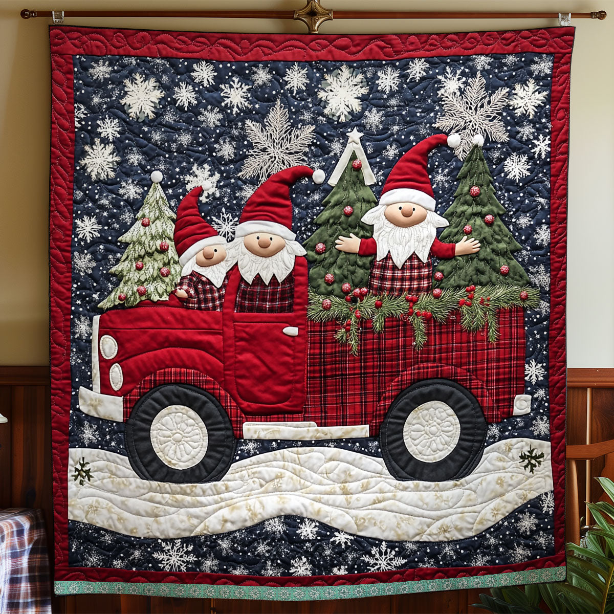Smiling Gnomes In Red Truck XR1009016CL Quilt