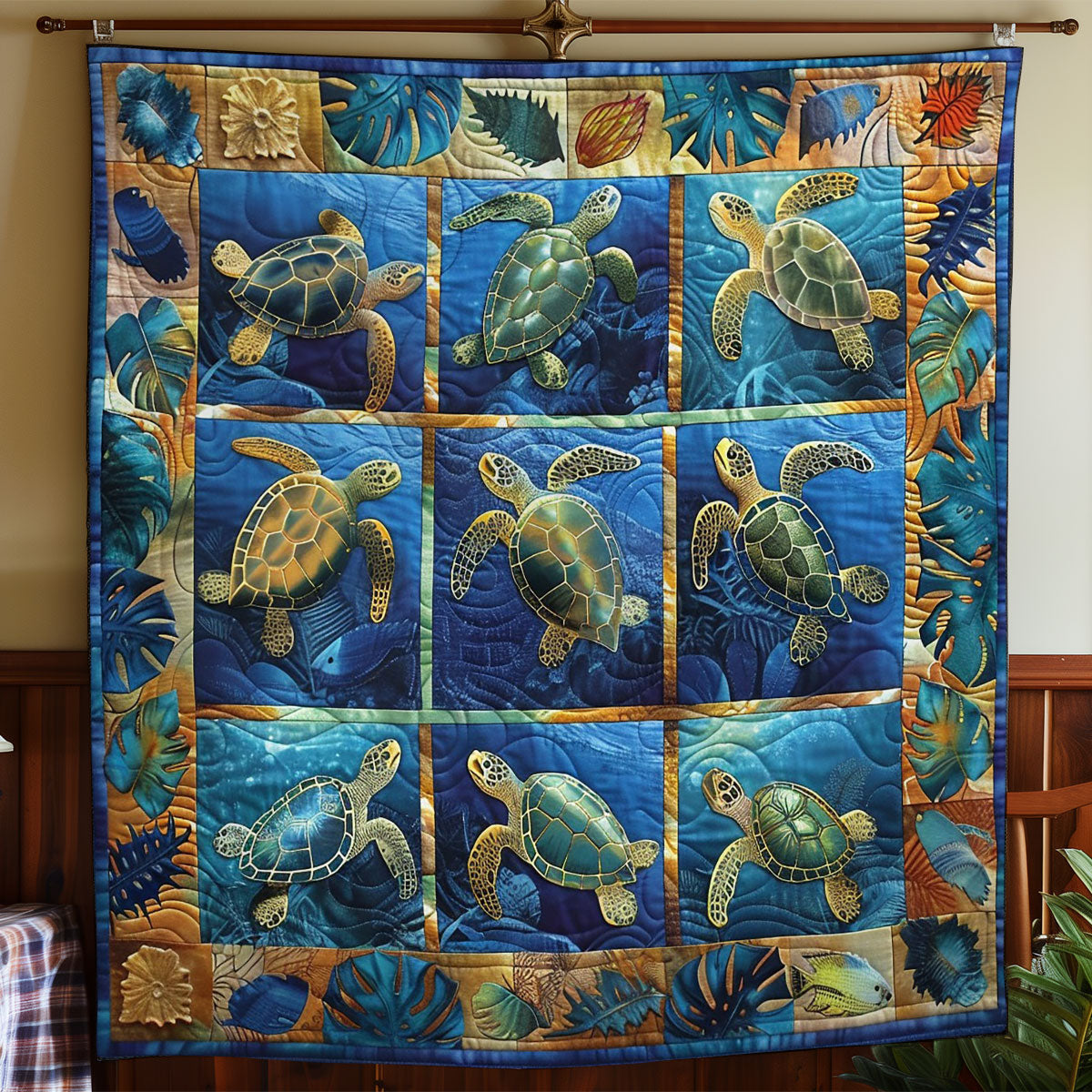 Turtle And Tropical Leaves WO2708022CL Quilt