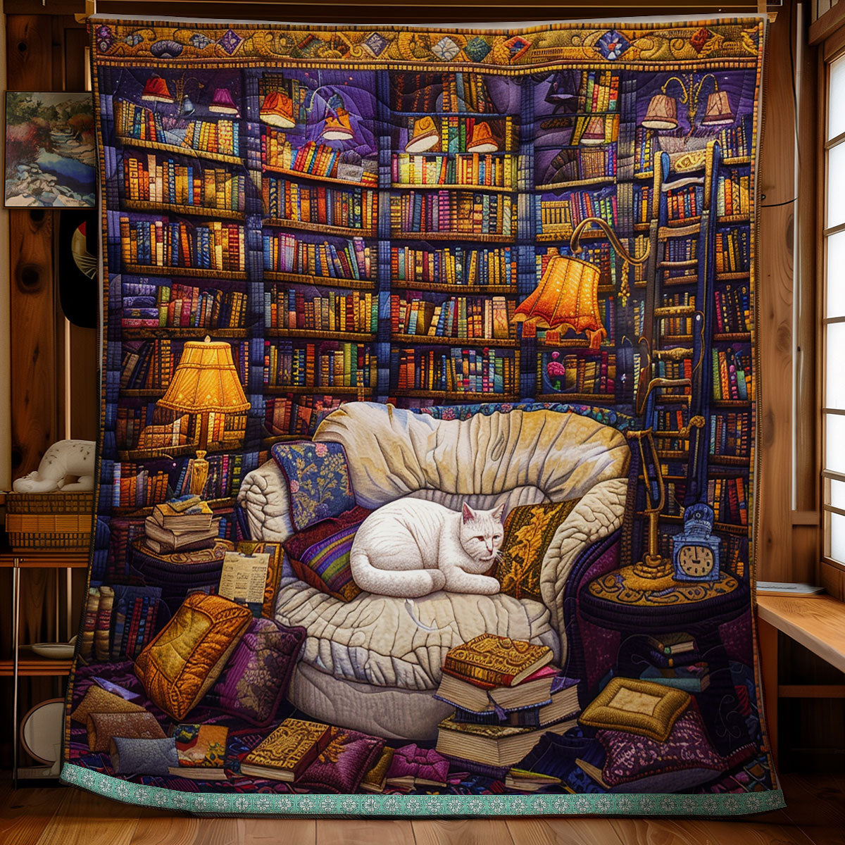 Bookcase And White Cat XR3008008CL Quilt