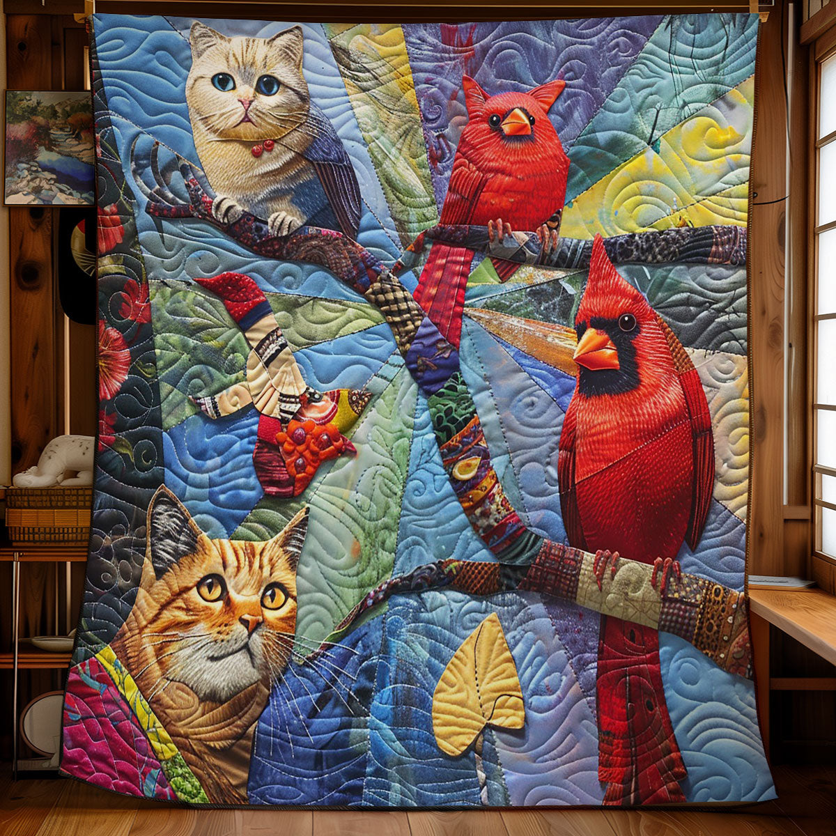 Cat And Red Birds WM1008043CL Quilt