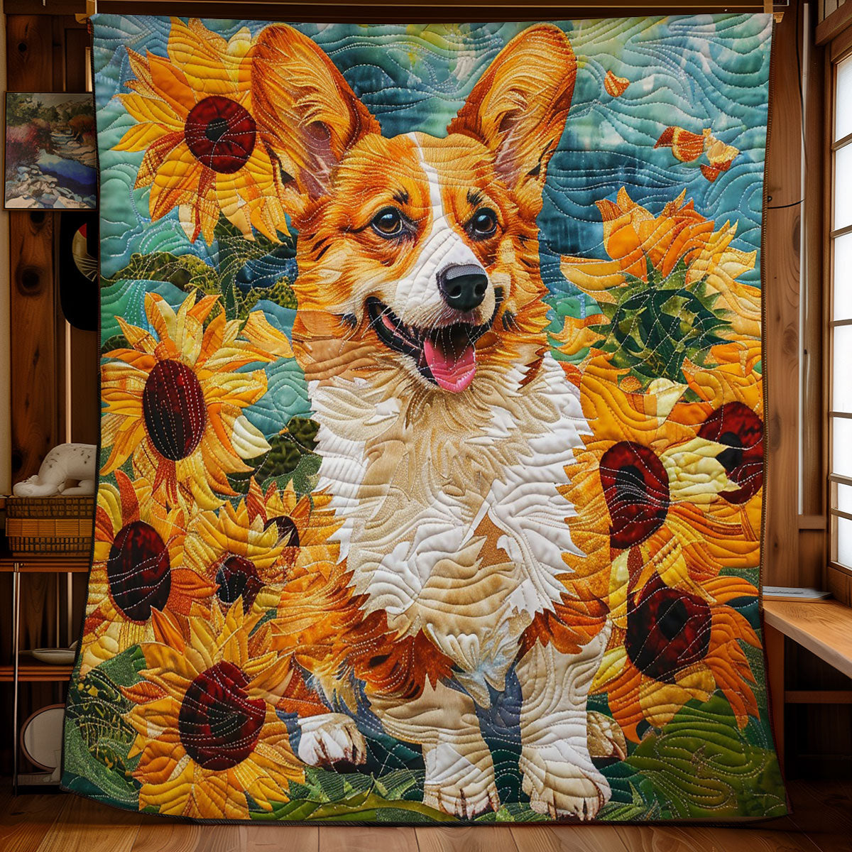 Corgi And Flied Sunflower WO2208046CL Quilt