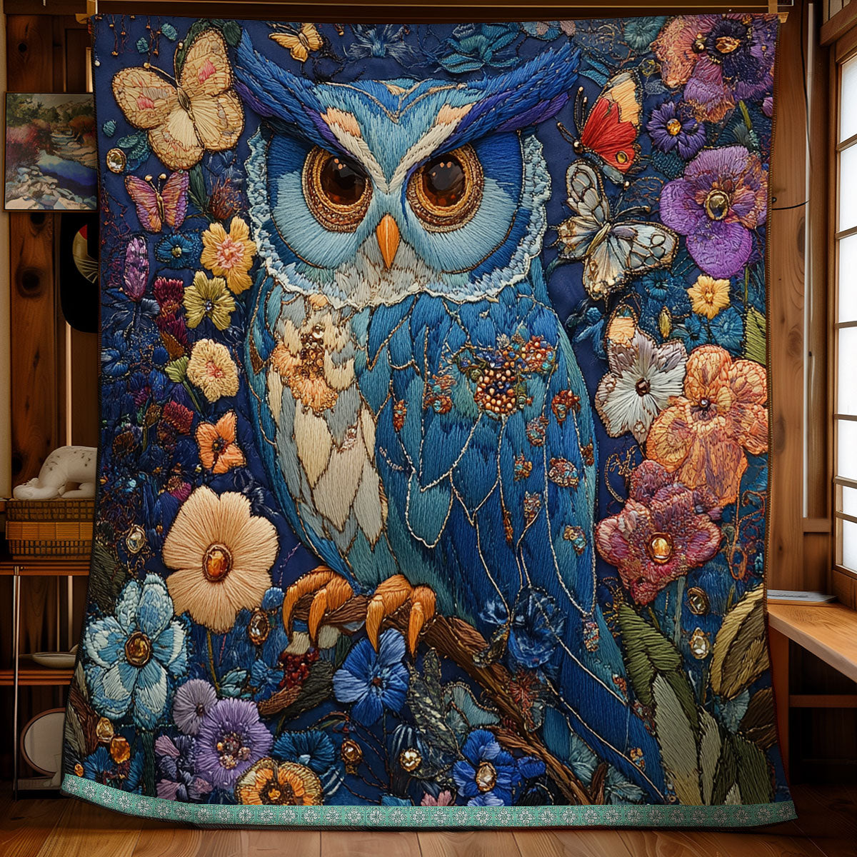 Floral Blue Owl XR1309002CL Quilt