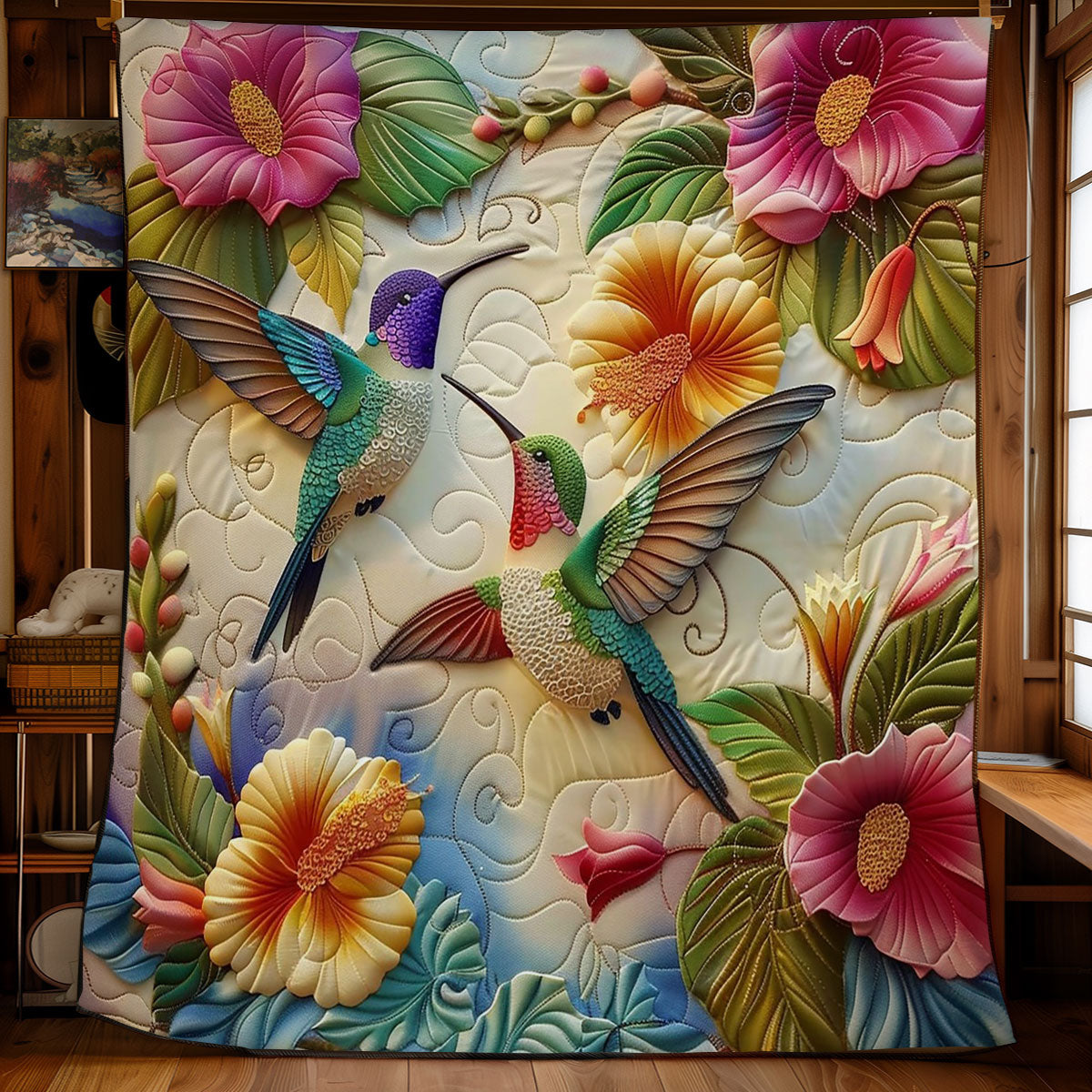 Hummingbirds With Florals WO2308013CL Quilt