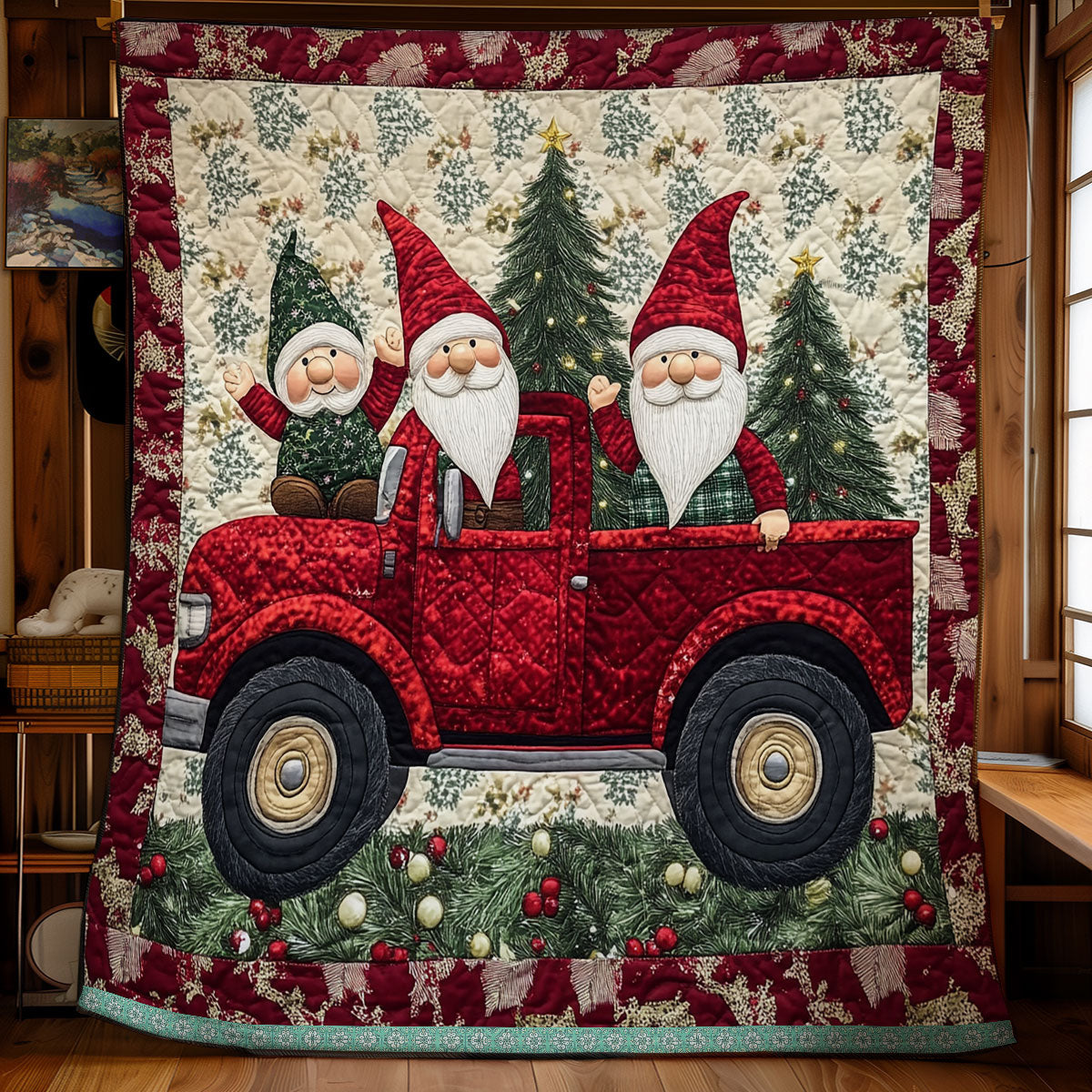 Little Gnomes In Red Truck XR1009018CL Quilt