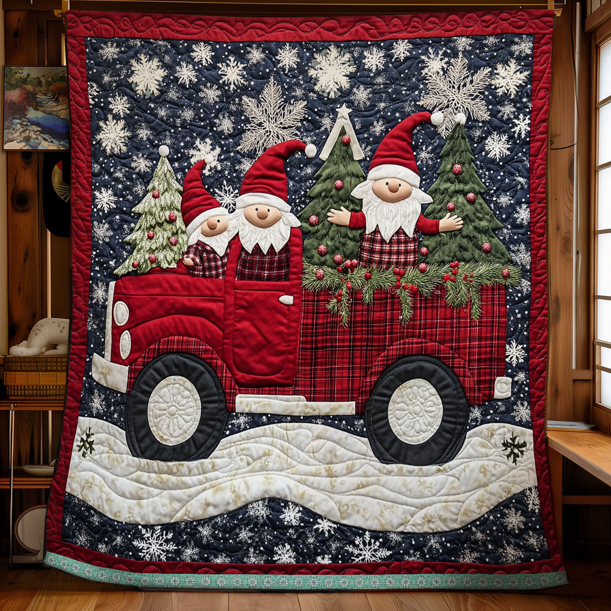 Smiling Gnomes In Red Truck XR1009016CL Quilt