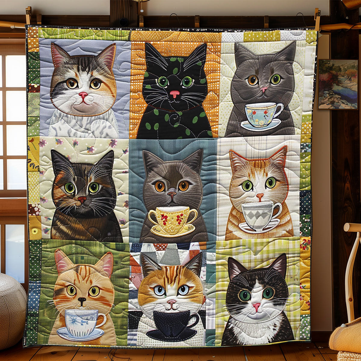 9 Cats And Coffee Cups XR2008013CL Quilt