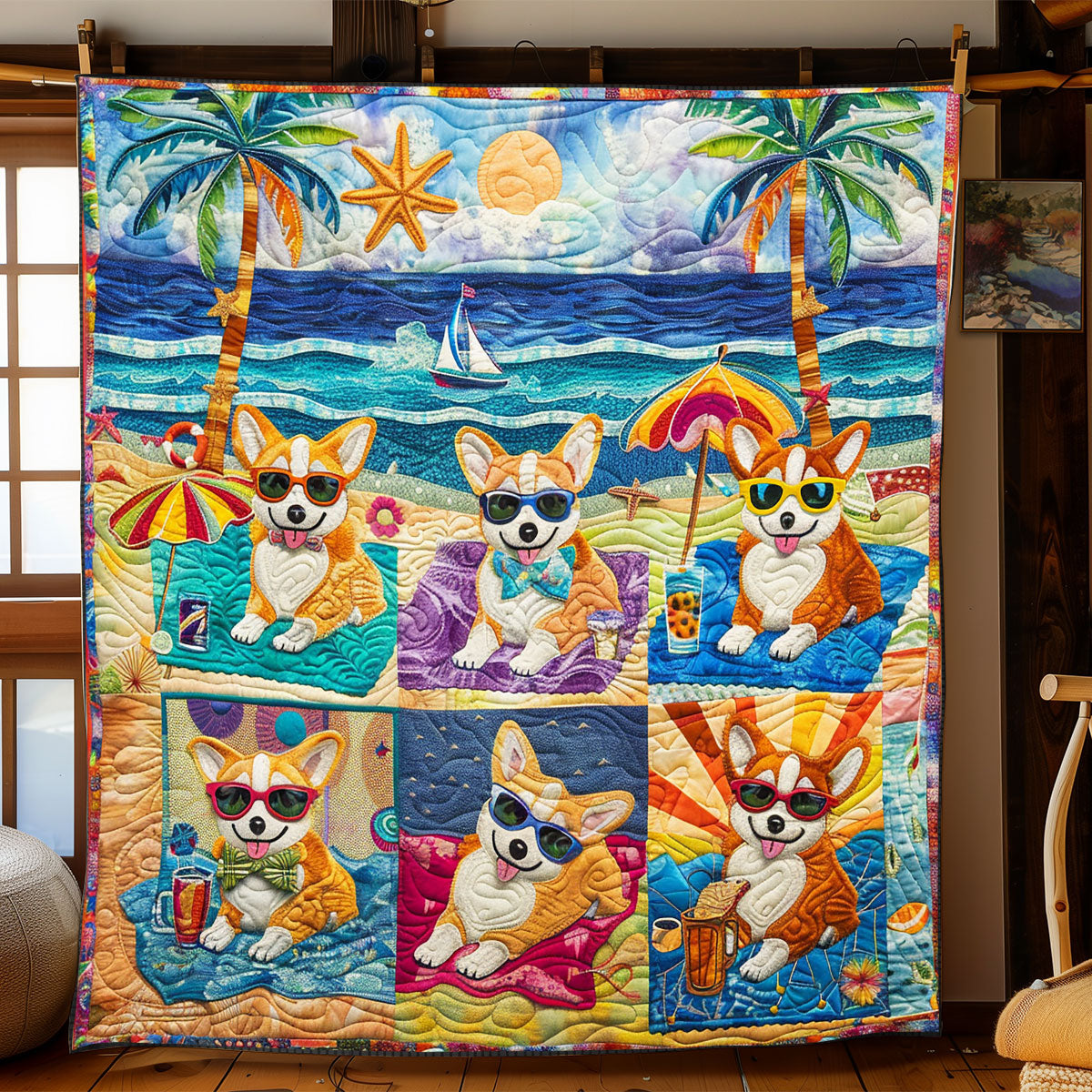 Beachy Corgi Fun XR2408013CL Quilt