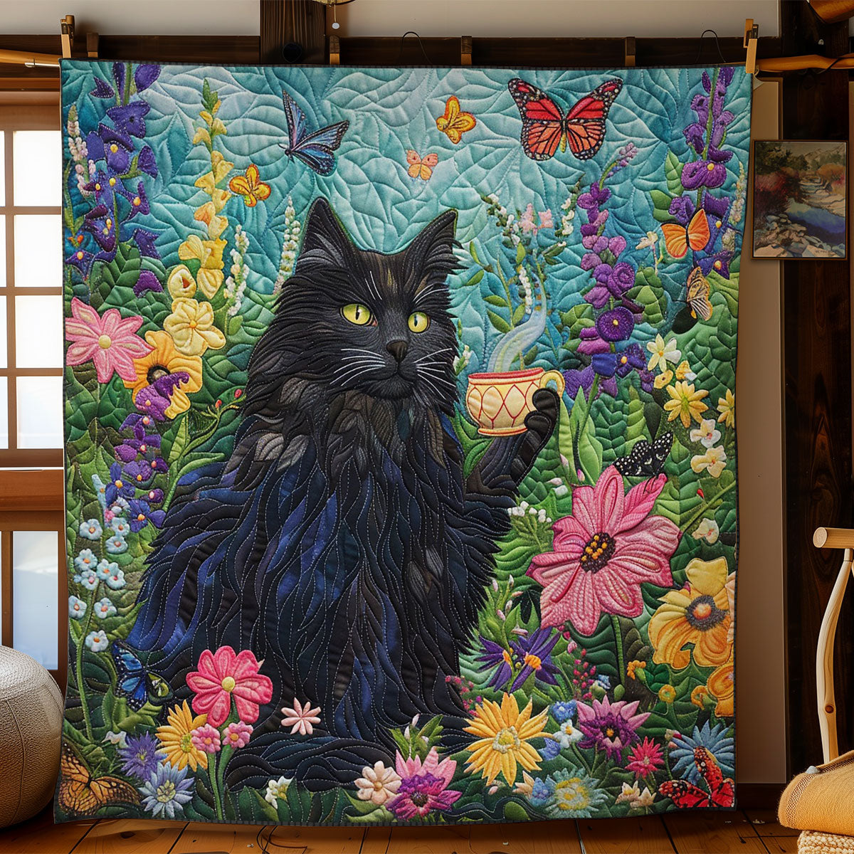 Black Cat Enjoying Tea WO2408027CL Quilt