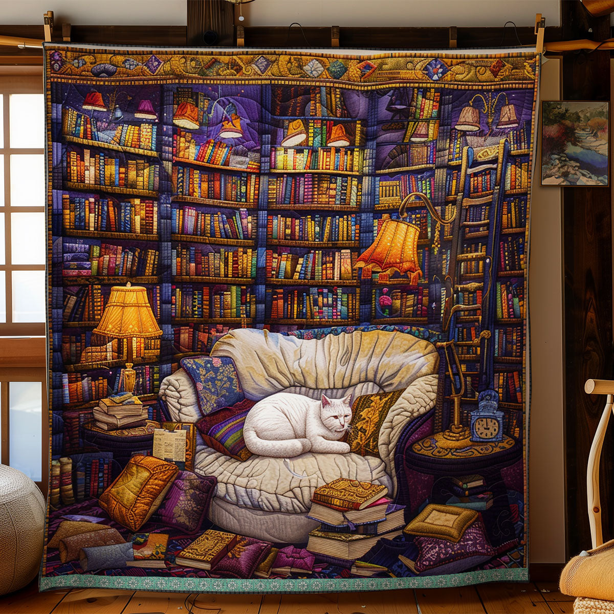 Bookcase And White Cat XR3008008CL Quilt