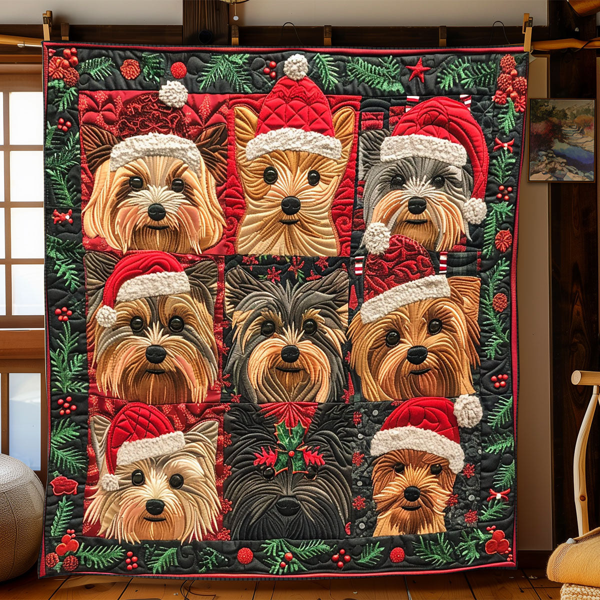 Cute 9 Yorkshire Terriers Christmas XR1508029CL Quilt