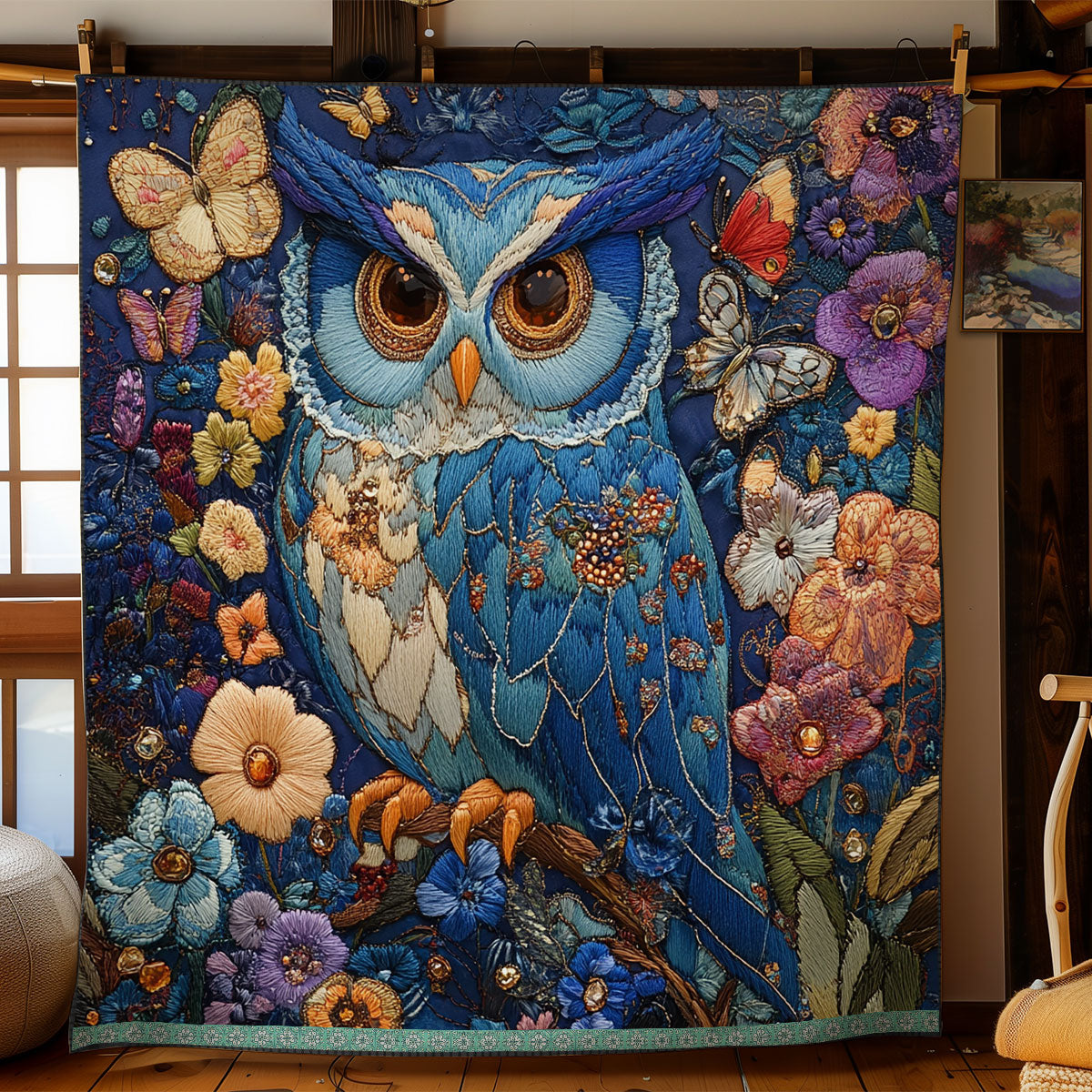 Floral Blue Owl XR1309002CL Quilt