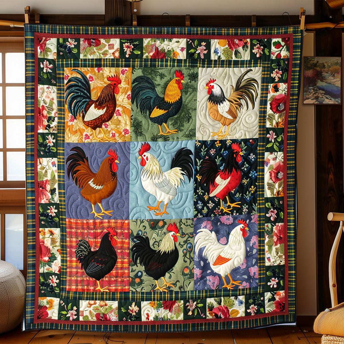 Floral Roosters XR1408015CL Quilt