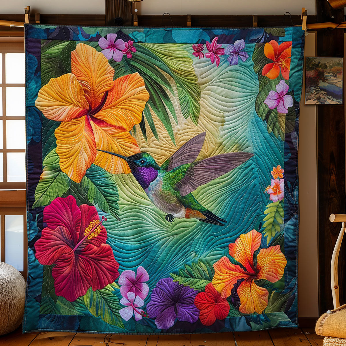 Hummingbird And Hibiscus Flowers WO2208032CL Quilt