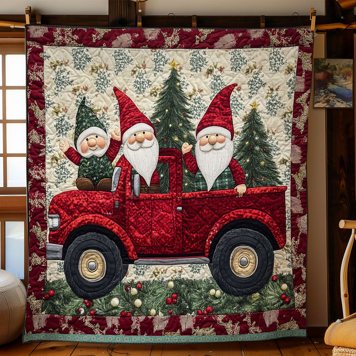 Little Gnomes In Red Truck XR1009018CL Quilt