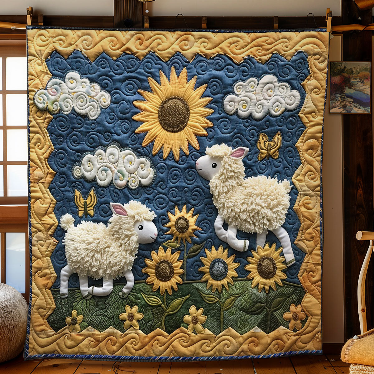 Sheeps Running Field Sunflowers WO2208020CL Quilt