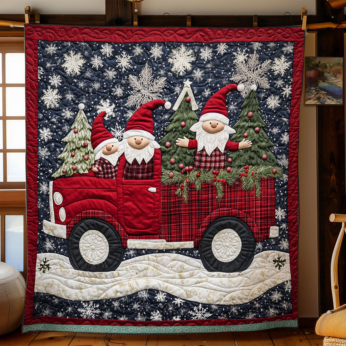 Smiling Gnomes In Red Truck XR1009016CL Quilt