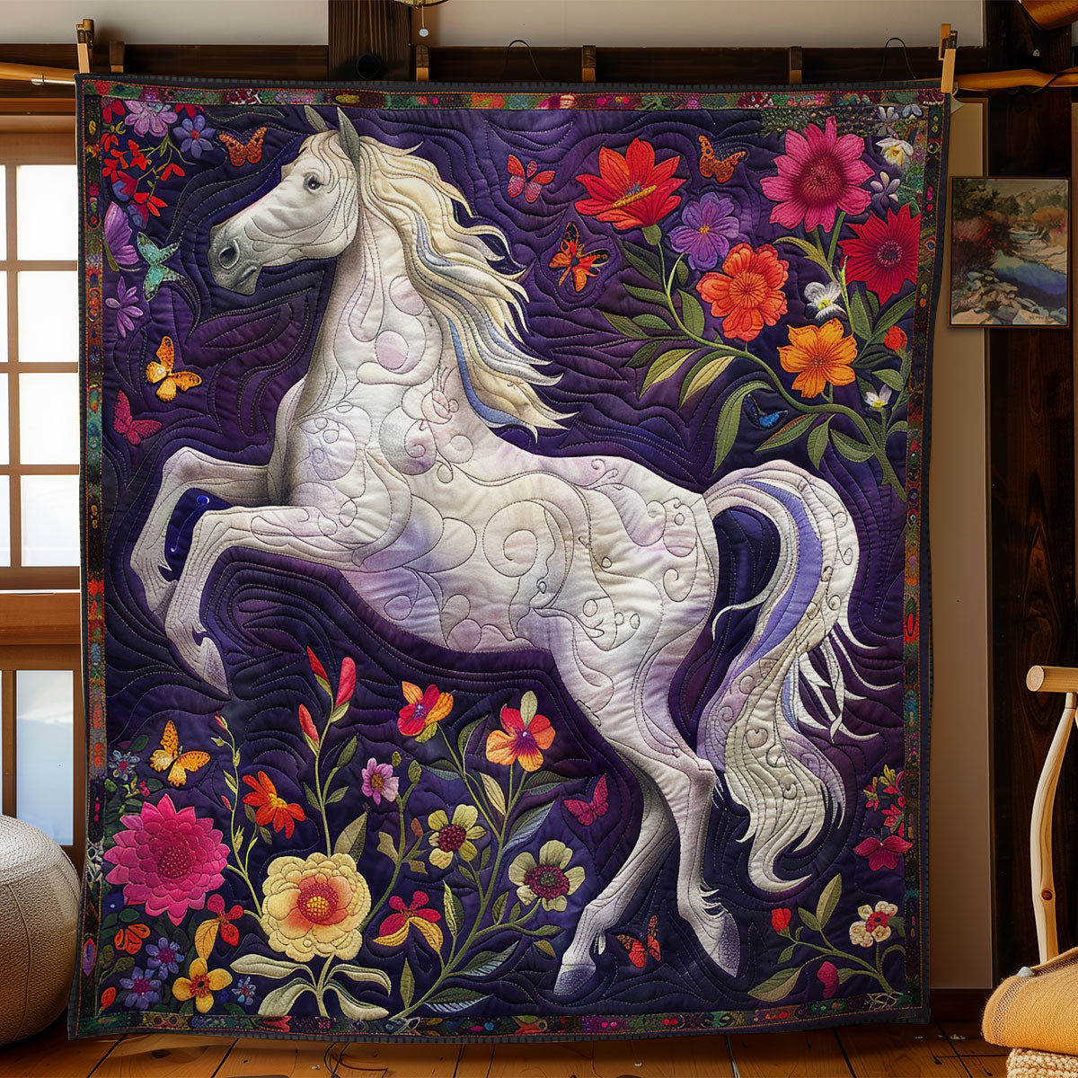 White Horse And Floral WO2608022CL Quilt