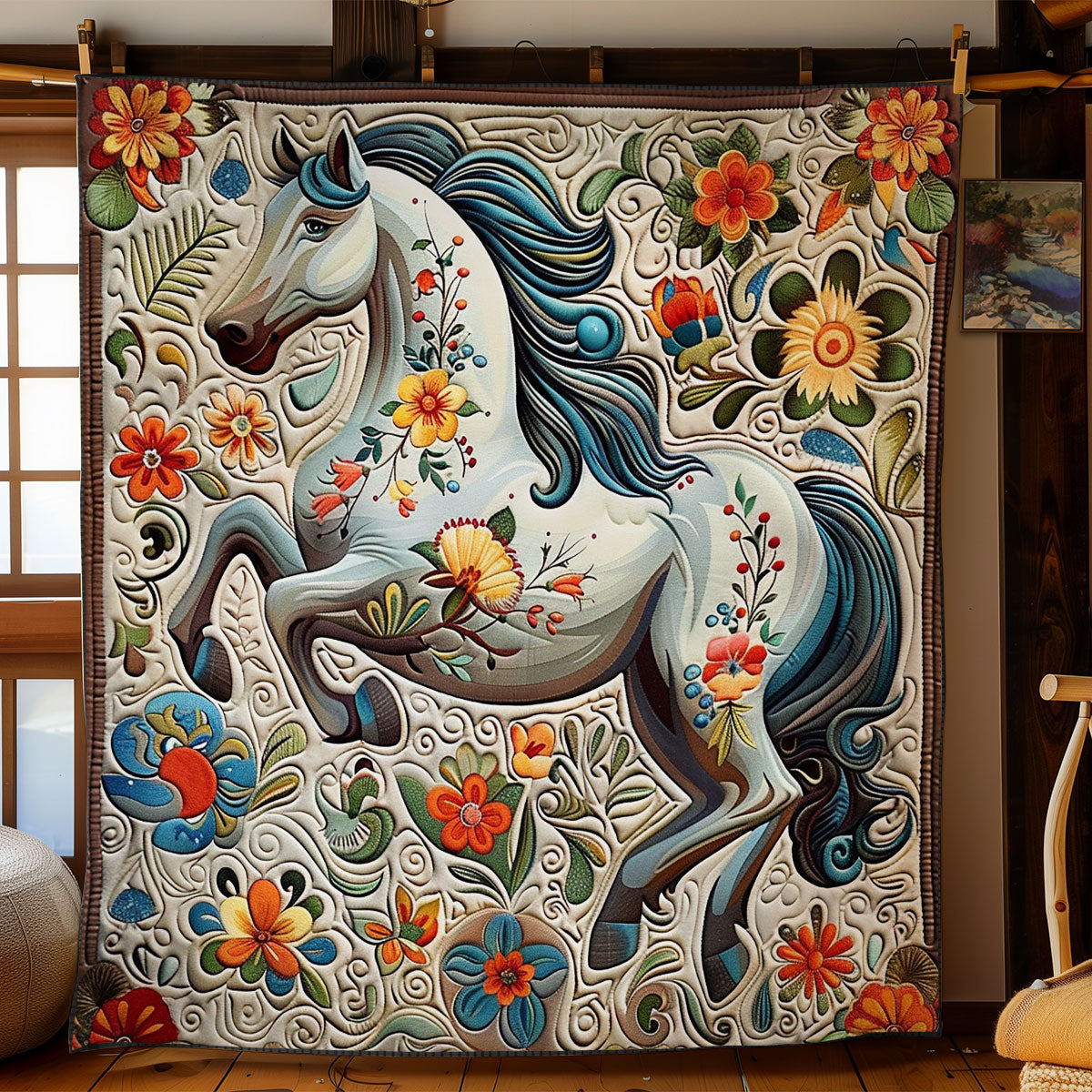 White Horse And Floral WO28080026CL Quilt