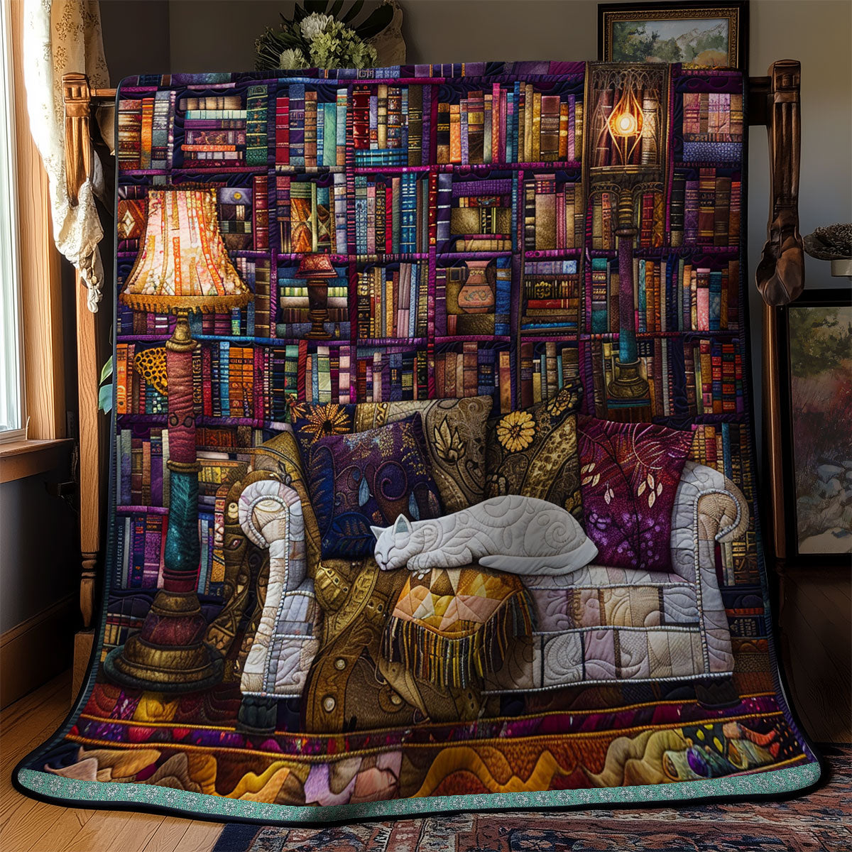 Sleeping Cat With Bookself XR3008006CL Quilt