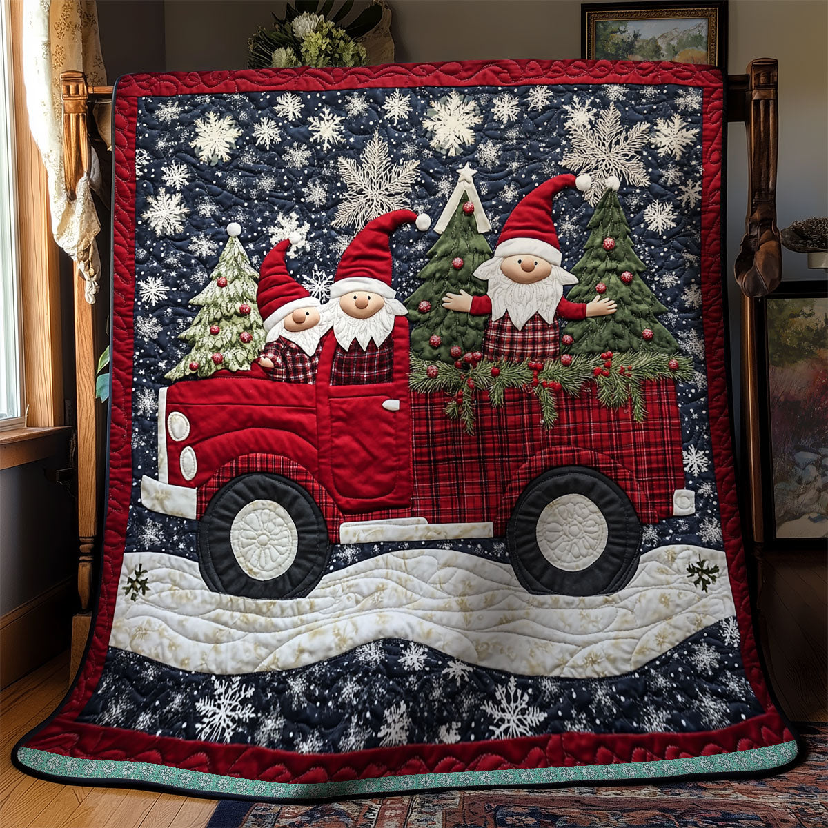 Smiling Gnomes In Red Truck XR1009016CL Quilt