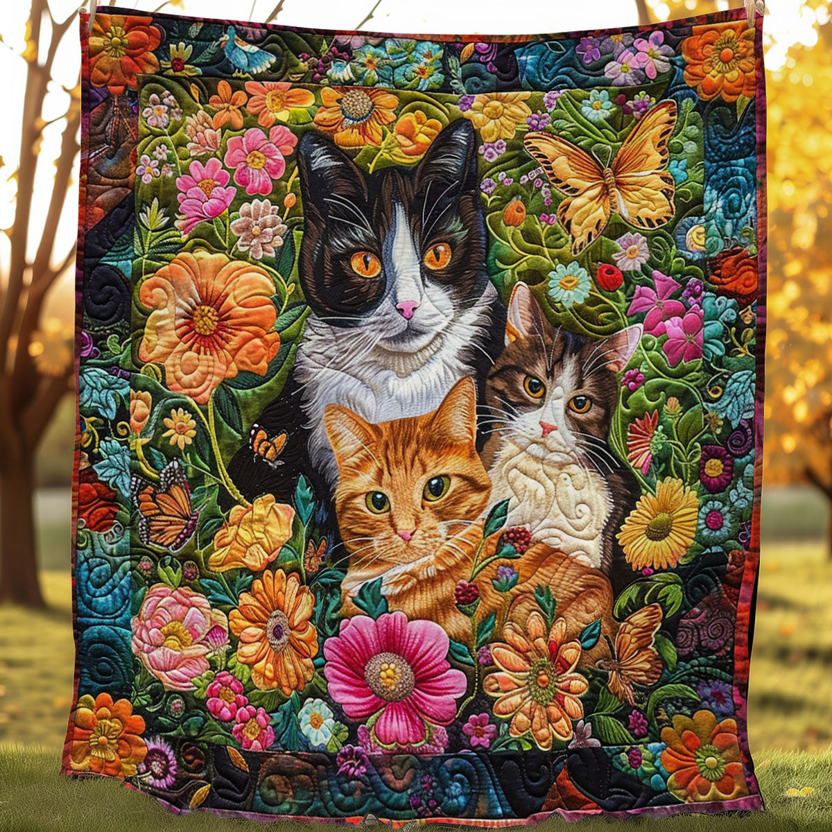 Cats And Flower Field WO1008033CL Quilt