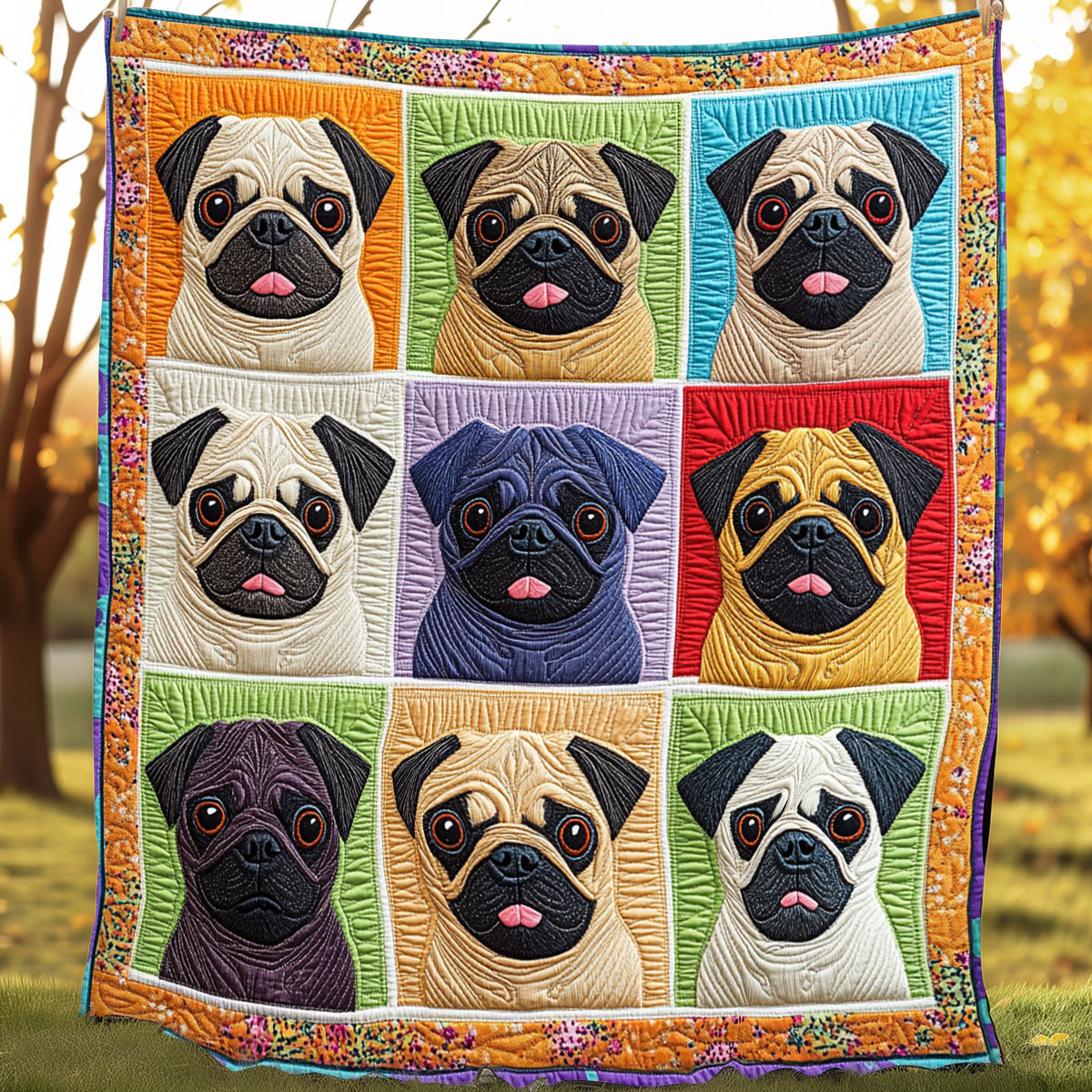 Cute Colorful Pugs XR0108026CL Quilt
