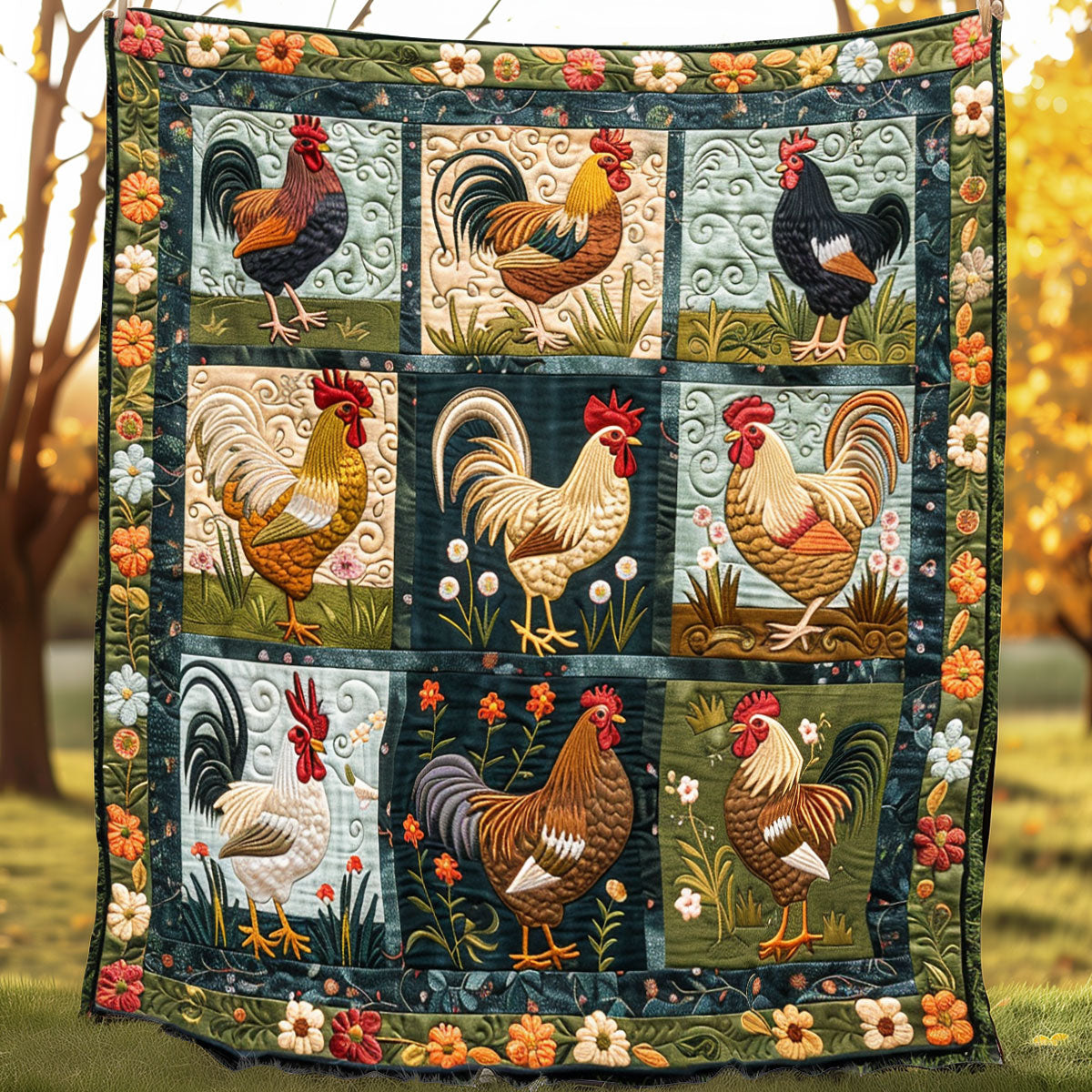 Floral Chickens XR0908027CL Quilt