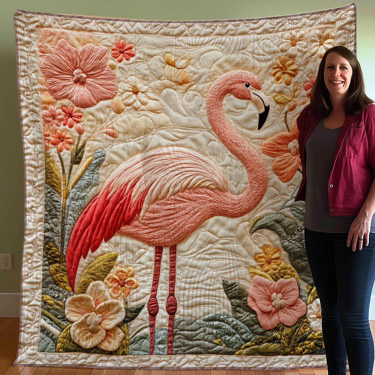 Flamingo With Flowers WO0608040CL Quilt