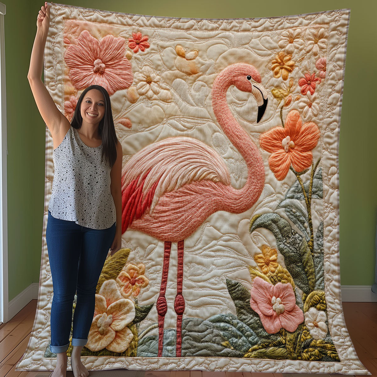 Flamingo With Flowers WO0608040CL Quilt