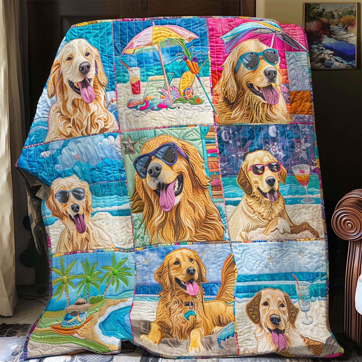 Beachy Golden Retriever Fun XR2408020CL Quilt