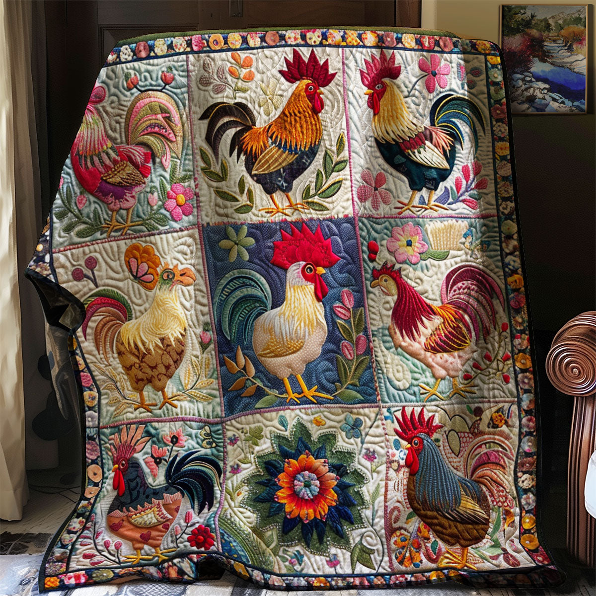 Floral Chickens XR1507005CL Quilt