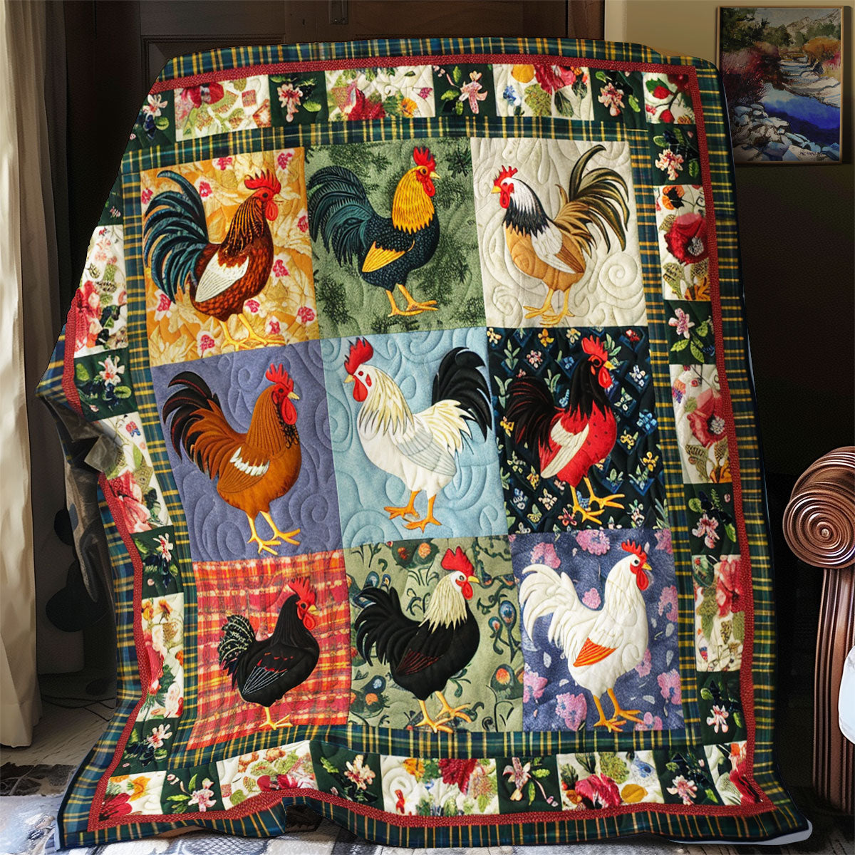 Floral Roosters XR1408015CL Quilt