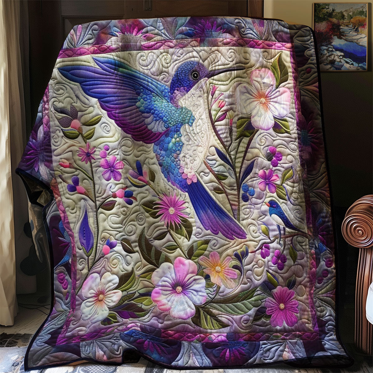 Purple Hummingbird And Flowers XR2007005CL Quilt