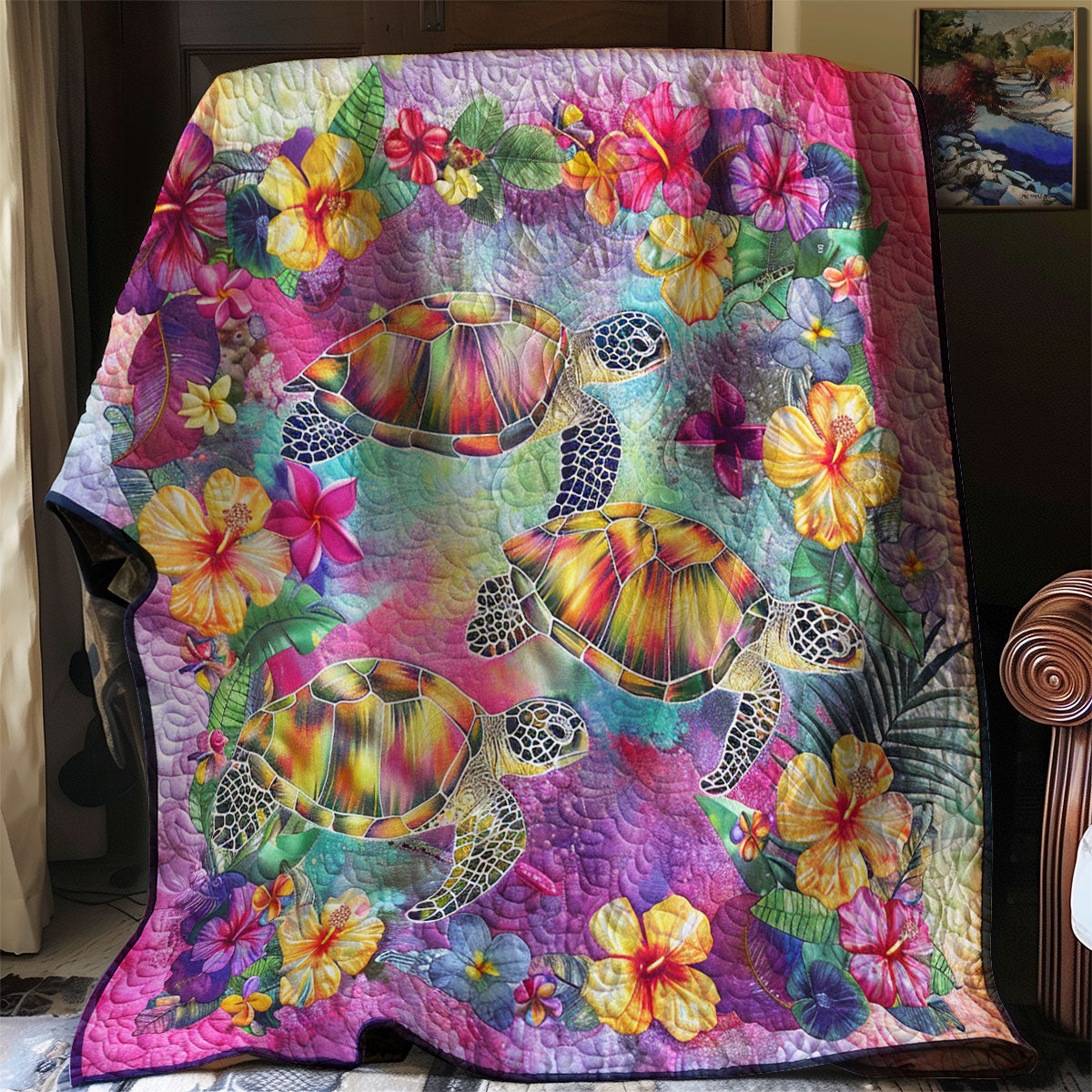 Sea Turtle In Floral Sea XR1907006CL Quilt