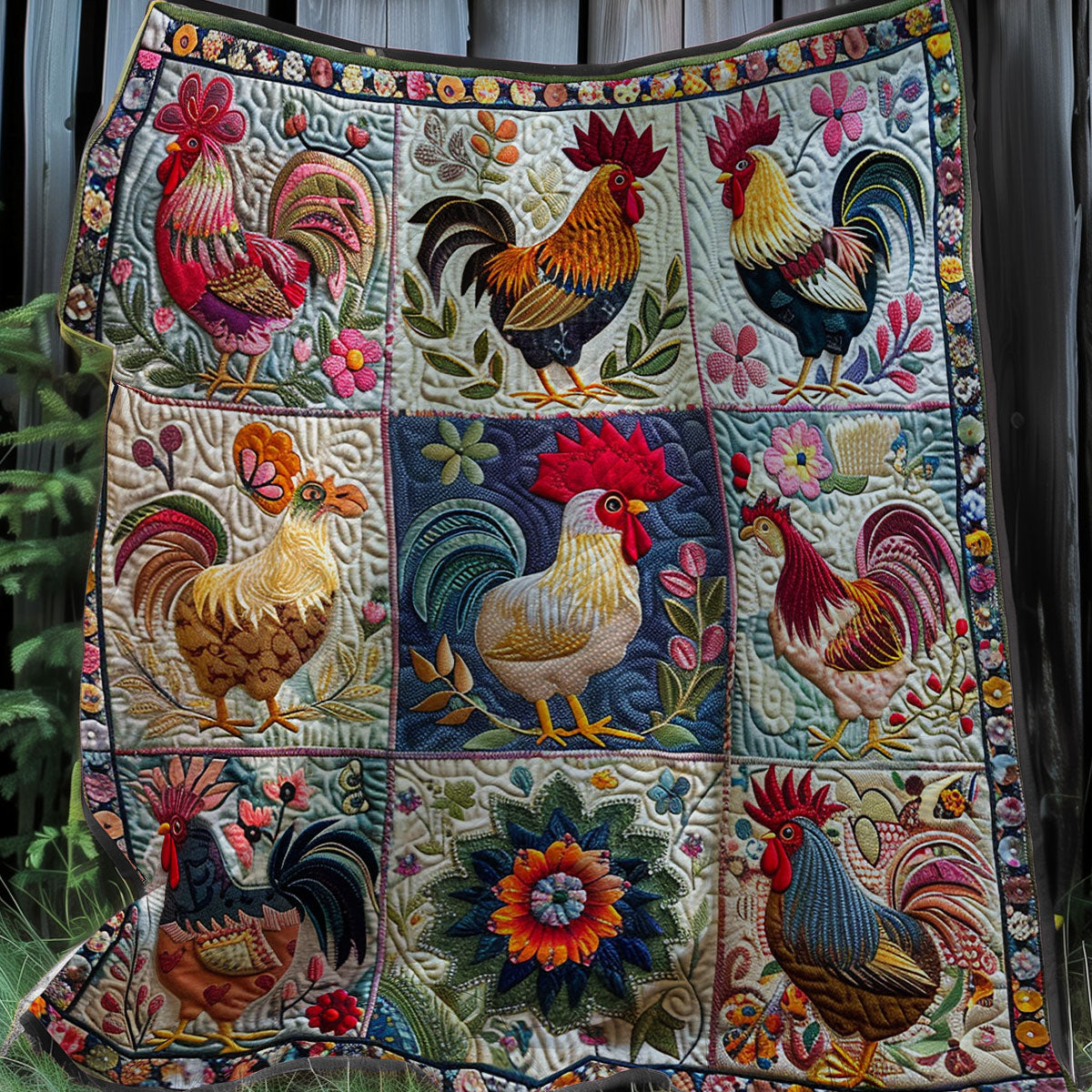 Floral Chickens XR1507005CL Quilt