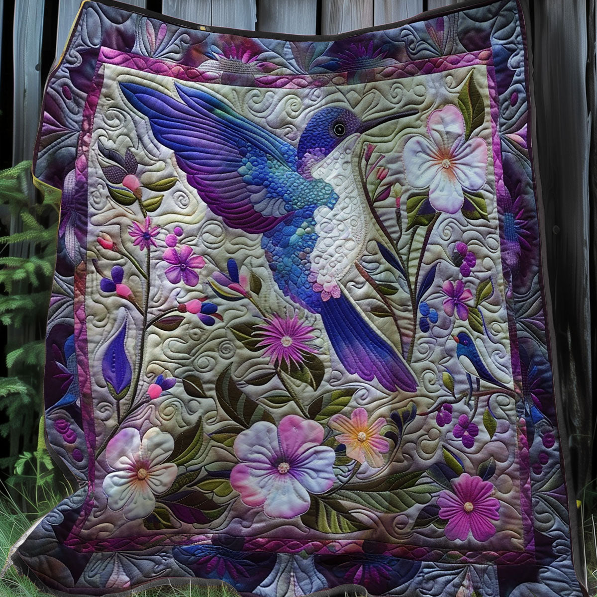 Purple Hummingbird And Flowers XR2007005CL Quilt