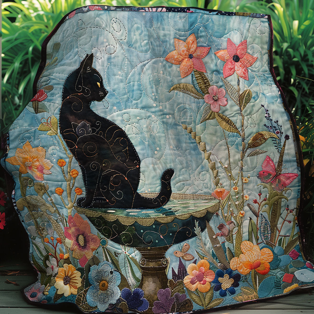 Black Cat On Fountain XR2407051CL Quilt