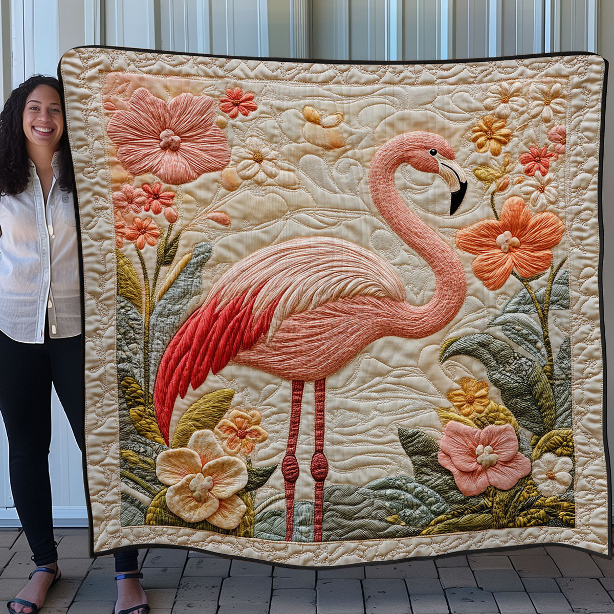 Flamingo With Flowers WO0608040CL Quilt