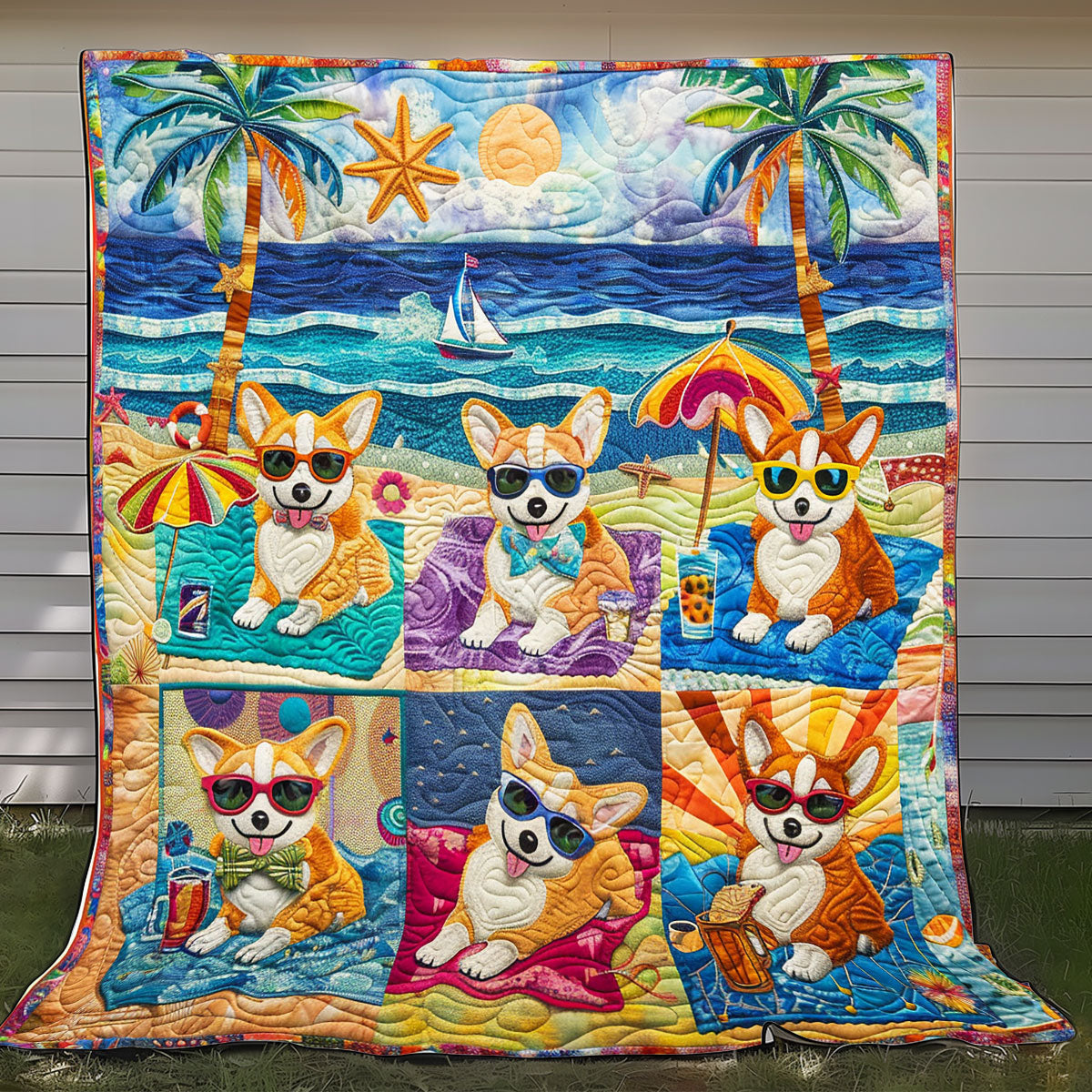 Beachy Corgi Fun XR2408013CL Quilt