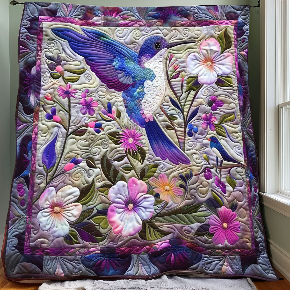 Purple Hummingbird And Flowers XR2007005CL Quilt