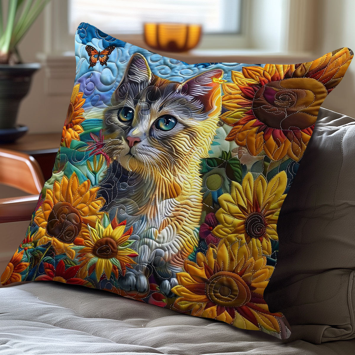 Cat In The Field Sunflowers WO3008013CL Quilt Pillow Case