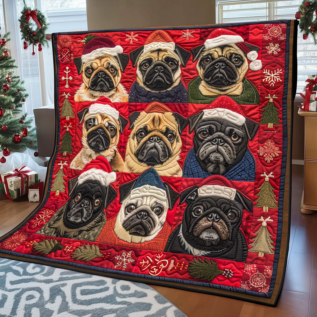 Holiday Woof Pugs XR1308018CL Quilt