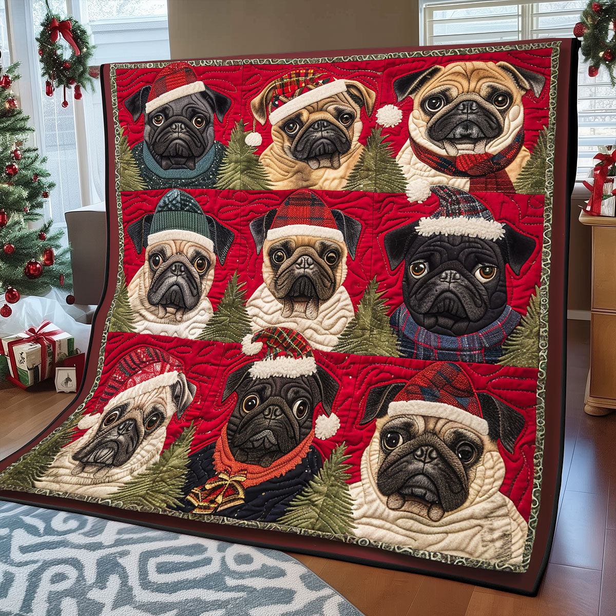 Pug Christmas Hats XR1308014CL Quilt