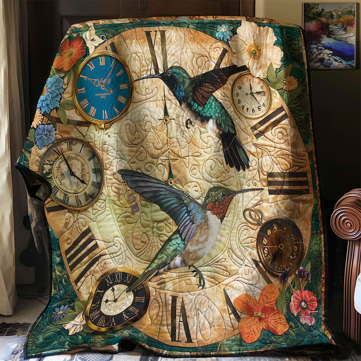 Hummingbirds And TimeClock WM2607001CL Quilt