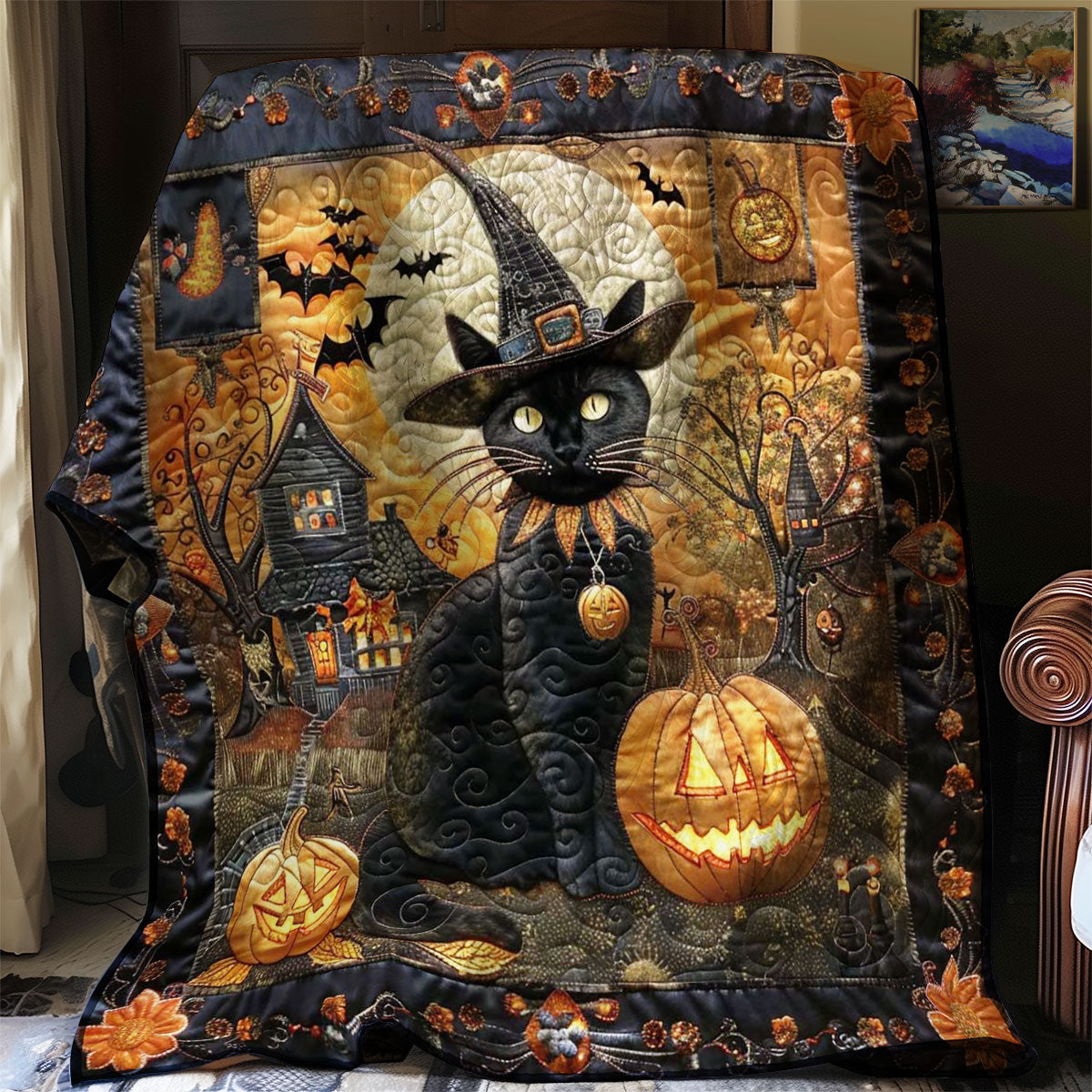 Creepy Cat and Pumpkin WN1908100CL Quilt