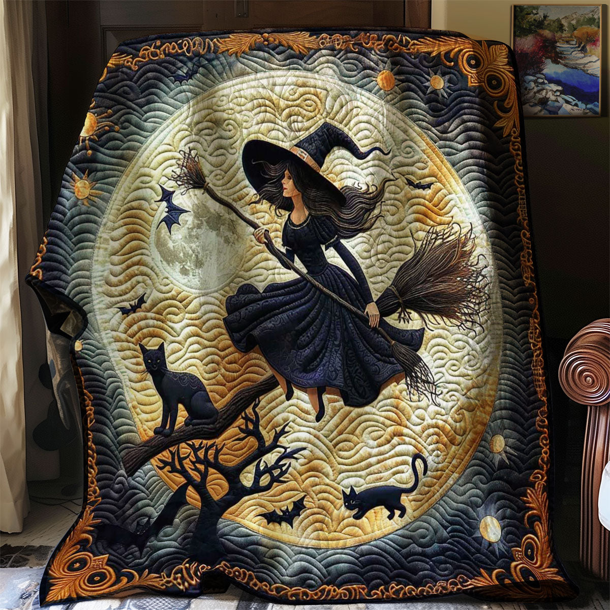 Halloween Broom and Moon WN1908083CL Quilt