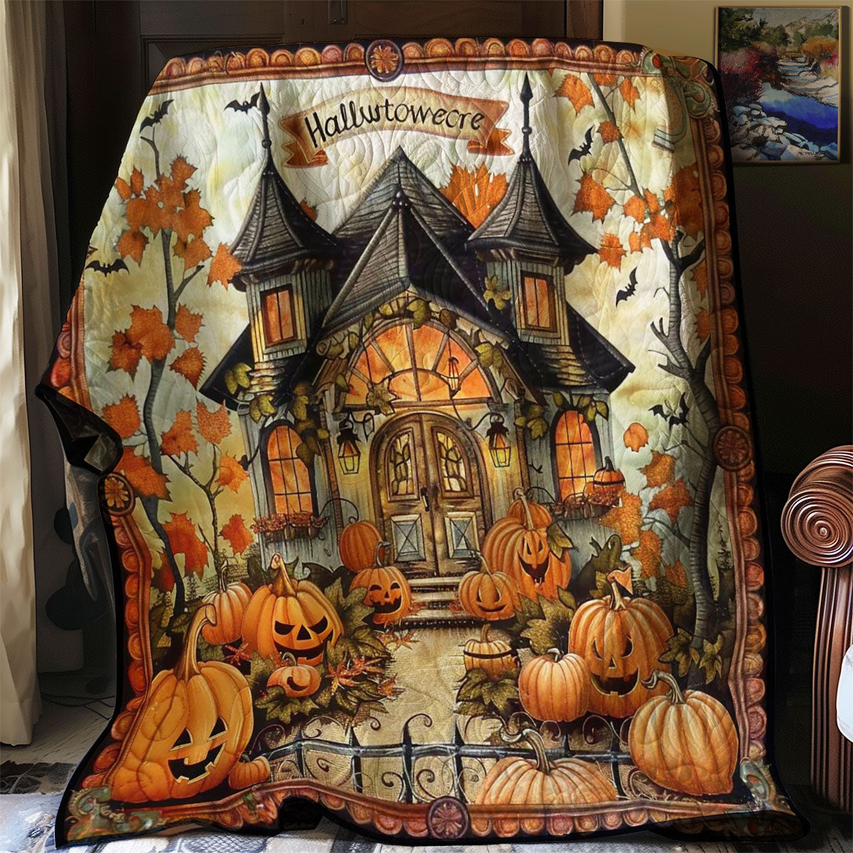Halloween Pumpkin Cottage WN1908063CL Quilt